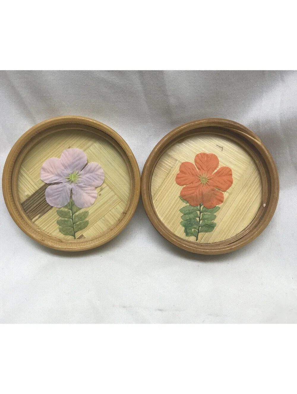 Vtg Bamboo Flowers Tray And Coasters 7 Pc Set Floral Tiki Bar Serving Platter